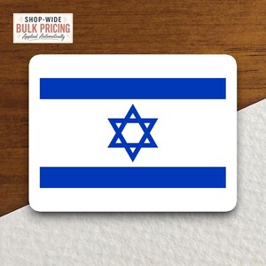 May include: A rectangular sticker featuring the flag of Israel, which consists of a white background with two horizontal blue stripes and a central blue Star of David. The text SHOP-WIDE BULK PRICING Applied Automatically is visible in the corner.