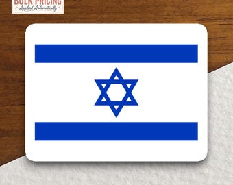 May include: A rectangular sticker featuring the flag of Israel, which consists of a white background with two horizontal blue stripes and a central blue Star of David. The text SHOP-WIDE BULK PRICING Applied Automatically is visible in the corner.