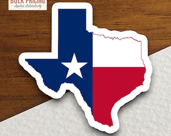 May include: A die-cut sticker shaped like the state of Texas featuring the Texas state flag design. The sticker displays a vertical blue stripe with a single white star, followed by horizontal white and red stripes. It has a white border.