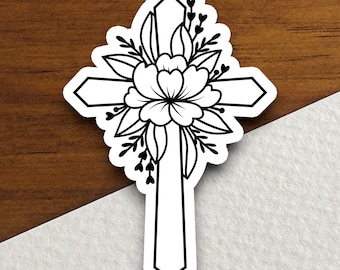 Church Cross With Flower Outline Sticker, Christian Floral Cross Vinyl Decal, Religious Faith Sticker, Jesus Gift, Bible Lover Floral Decor