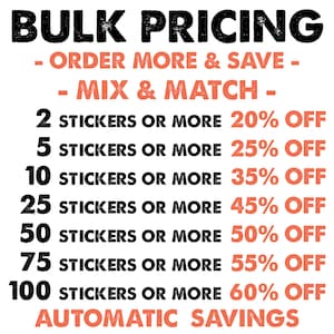 May include: A graphic showing bulk pricing discounts for stickers. The graphic shows the discount percentage for different quantities of stickers, starting with 20% off for 2 stickers or more, and increasing to 60% off for 100 stickers or more. The text "AUTOMATIC SAVINGS" is displayed at the bottom of the graphic.
