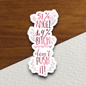 51 Percent Angel 49 Percent Bitch Don't Push It Sticker, lustige Aufkleber, Laptop Aufkleber, Wasserflasche Aufkleber, Aufkleber mit Sprüchen