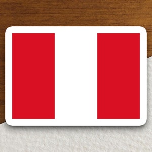 May include: A sticker featuring the flag of Peru. The flag is red, white, and red with two vertical red stripes on either side of a white stripe.