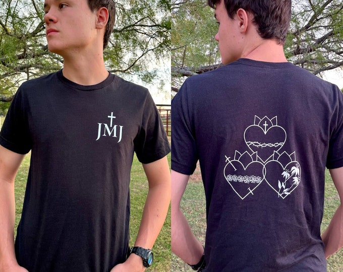 JMJ Three Holy Hearts Catholic T-Shirt Men and Women, Unisex