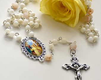 The Holy Family Catholic Rosary White and Gold