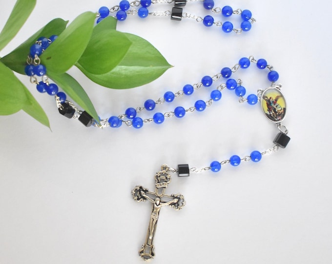 Blue Catholic Police Officer Rosary with Saint Michael Centerpiece