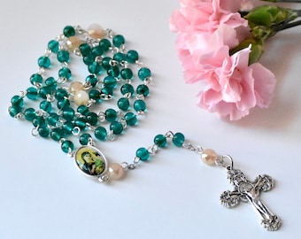 Our Lady of Perpetual Help Dark Green/Turquoise Catholic Rosary with Gold Accents