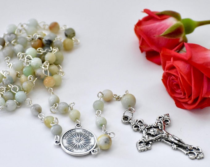 Holy Face of Jesus, Eucharist, Ad Majorem Dei Gloriam, Adoration Amazonite Teal/Blue/Green Stone Catholic Rosary