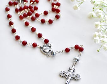 Sacred Heart of Jesus Catholic Rosary Red Glass and Silver