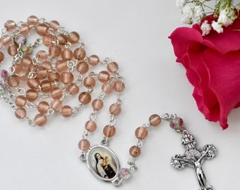 Saint Therese of Lisieux Pale Pink Champagne and Rose Catholic Rosary