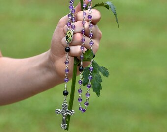 Our Lady of Perpetual Help Purple Glass Catholic Rosary with Black Beads