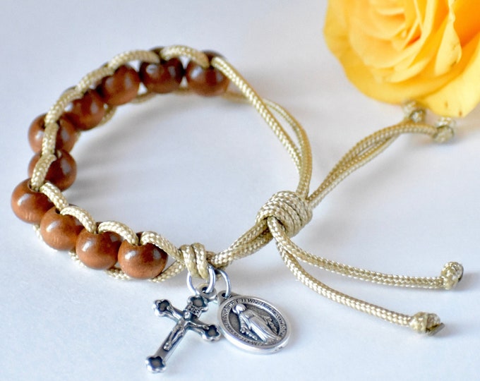 Rosary Bracelet Catholic Wooden Adjustable
