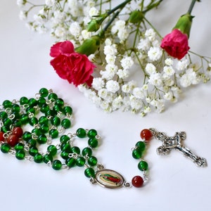 Our Lady of Guadalupe Catholic Rosary Green and Red/Orange/Fire Agate