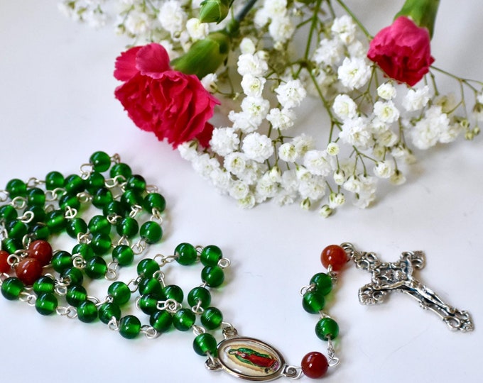 Our Lady of Guadalupe Catholic Rosary Green and Red/Orange/Fire Agate