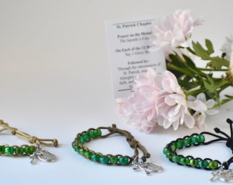 St. Patrick Chaplet Sliding Prayer Bracelet Green Glass Bead Adjustable