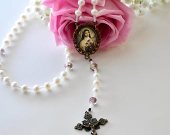 Saint Therese of Lisieux Freshwater Pearl and Rose Hand Made, Hand Strung, Catholic Rosary