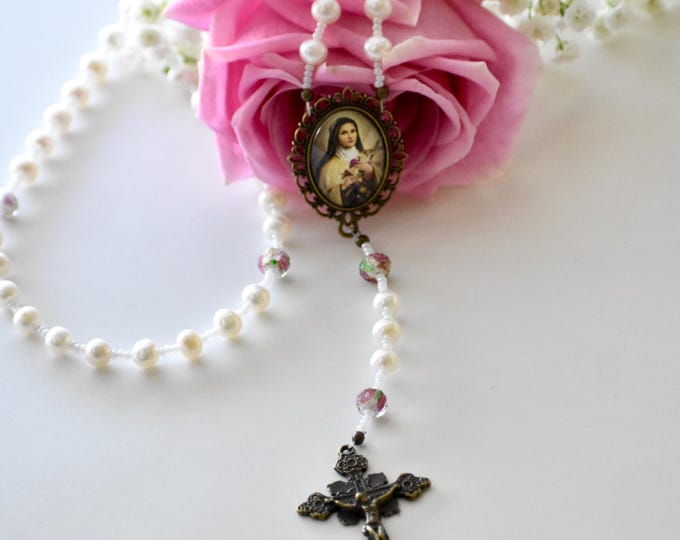 Saint Therese of Lisieux Freshwater Pearl and Rose Hand Made, Hand Strung, Catholic Rosary
