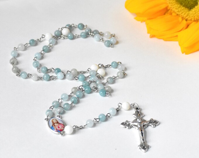 Sacred Heart of Jesus and Immaculate Heart of Mary Blue Catholic Rosary ...