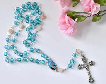 Saint Mother Teresa of Calcutta Light Blue and Gold Catholic Rosary