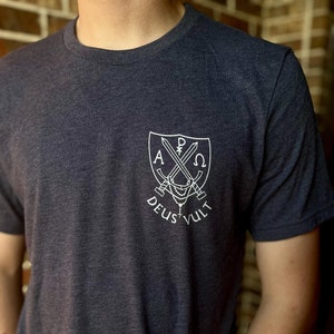 T-shirt latin pour hommes catholiques, Deus Vult, épée et bouclier, chapelet
