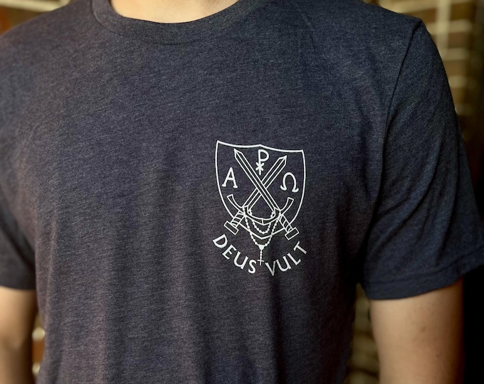 Catholic Men Latin Deus Vult Sword and Shield Rosary Weapon T-Shirt