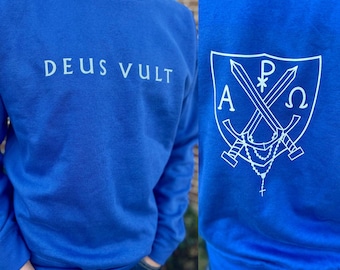 Catholic Men Latin Deus Vult Sword and Shield Rosary Weapon Sweatshirt