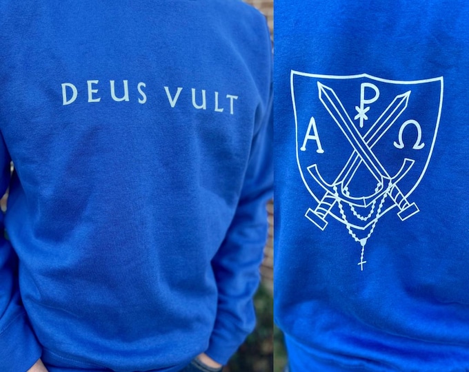 Catholic Men Latin Deus Vult Sword and Shield Rosary Weapon Sweatshirt