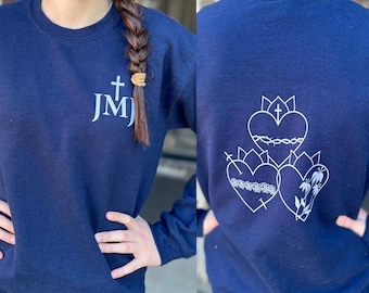 JMJ Three Holy Hearts Catholic Sweatshirt Men and Women, Unisex