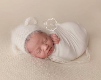 Angora Bear Bonnet Pattern - PDF PATTERN - newborn baby knit prop hat diy