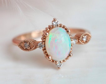 Australian Opal Engagement Ring, Rose Gold Opal Ring, Opal Diamond Ring, Vintage inspired Opal Ring, 14k 18k rose white yellow gold