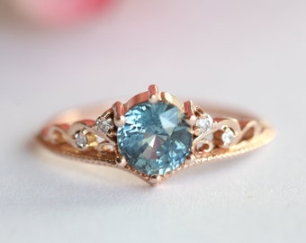 Rose Gold Sapphire Engagement Ring with Round Sapphire and Diamonds, Rose Gold Engagement Ring