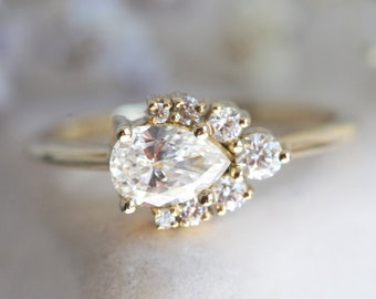 Diamond engagement ring, 0.5ct pear cut cluster ring, Unique wedding ring, Half carat diamond ring