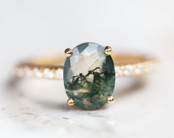 Moss agate engagement ring, Mossy gemstone & moissanite ring, Oval green stone ring, Unique wedding ring