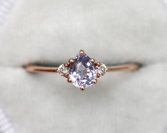 Lavender sapphire ring, Purple engagement ring, Violet pear ring, Simple diamond ring