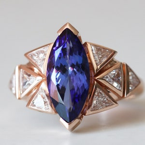Art deco Tanzanite Engagement ring, Tanzanite diamond ring, Unique trillion diamond ring image 1