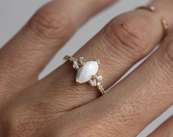 Agate Ring, Diamond Ring, 14k Gold Ring, Engagement Ring, Wedding Ring, Marquise Ring, White Ring, Gemstone Ring, Capucinne