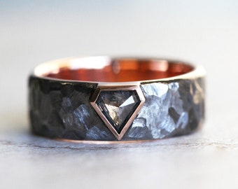 Mens black ring, Hammered black rhodium ring, unisex salt pepper diamond ring, shield shape diamond band, rock style ring