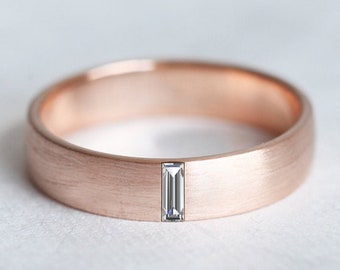 Baguette wedding band, Mens vertical gemstone ring, Wide diamond ring, Satin ring