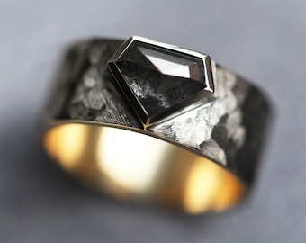 9mm Mens black ring, Hammered black rhodium ring, unisex salt pepper diamond ring, shield shape diamond band, rock style ring