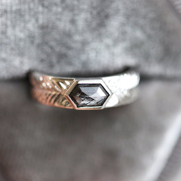 Natural Diamond Ring, Hexagon Diamond Engagement Ring, Wide Diamond Ring with Salt Pepper Diamond, Geometric Diamond Band