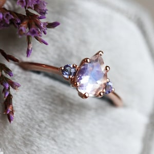 Pear Moonstone & Tanzanite Engagement Ring, Blue Rainbow Moonstone Three Stone Ring in 14k or 18k Solid Gold by Capucinne