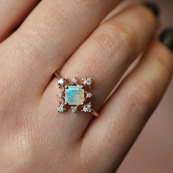 Australian Opal & Diamond Engagement Ring, 14 or 18k Solid Gold