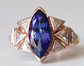 Art deco Tanzanite Engagement ring, Tanzanite diamond ring, Unique trillion diamond ring