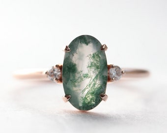 Three stone moss agate ring, moss agate diamond ring rose gold