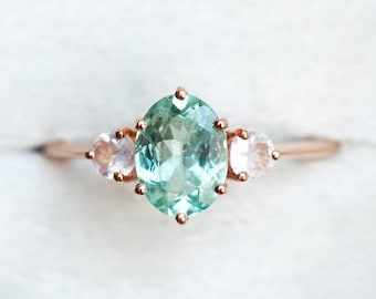 Mint tourmaline ring, Moonstone engagement ring, Mint green three gemstone ring