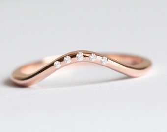 Curved Wedding Band with Diamonds, 14k or 18k Solid Gold