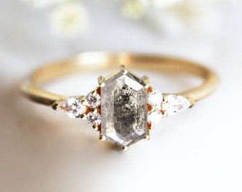 Zoutpeper diamanten ring, zeshoek verlovingsring, grijze galaxy edelsteen geometrische ring