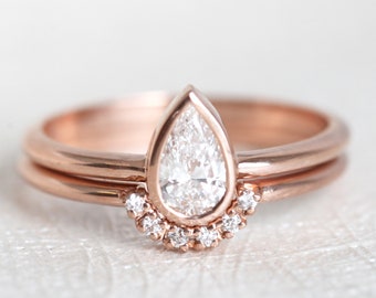 Pear Diamond Ring Set, Engagement Ring, Wedding Ring, 14k Rose Gold Ring, Solitaire Ring, Diamond Ring Set, Simple Diamond Ring, Bridal Set