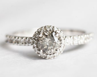 Brilliant Halo Natural Diamond Ring with Silver Diamonds, Unique Salt + Pepper Diamond Ring