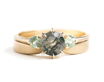 gold moss agate ring set with sating gold band